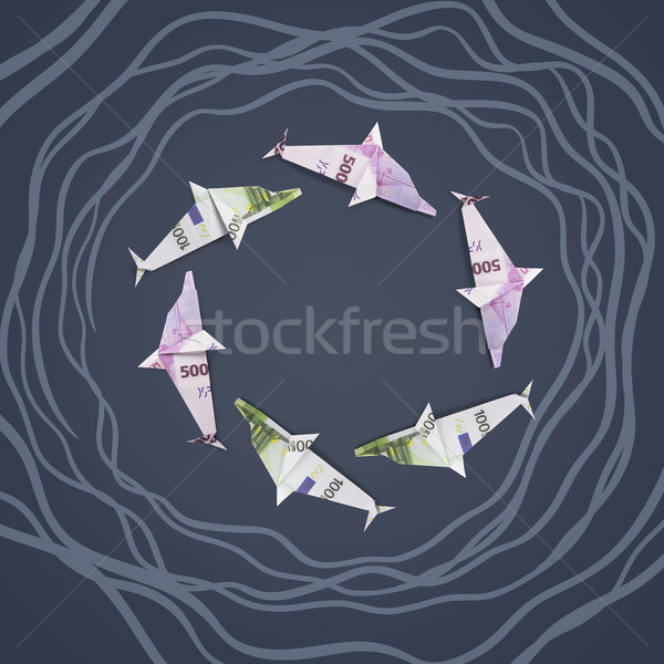 Origami dolfijn bankbiljetten uit geschilderd zee Stockfoto © butenkow