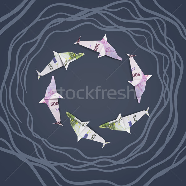 [[stock_photo]]: Origami · dauphins · sur · peint · mer