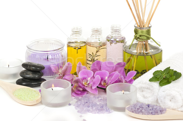 Foto stock: Spa · tratamiento · de · spa · aromaterapia · piedra · orquídeas · cuchara