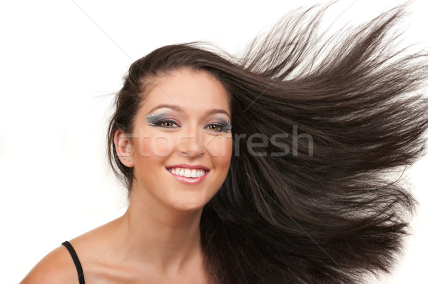 Stock foto: Haar · machen · Frau · Lächeln · Auge · Wind