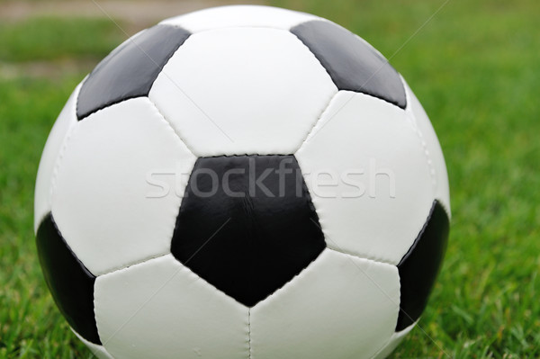 Foto stock: Balón · de · fútbol · primer · plano · hierba · verde · hierba · deporte · verano