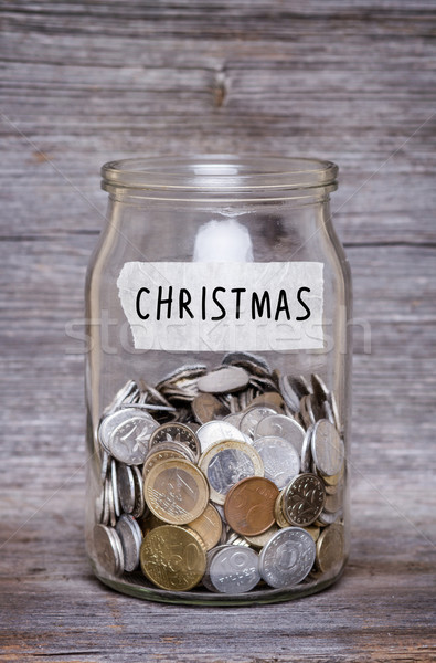 Stockfoto: Christmas · geld · jar · munten · houten · tafel · business