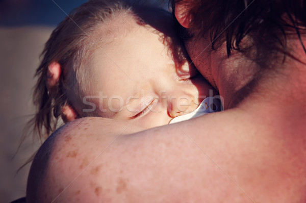 Stock foto: Vater · Tochter · halten · Strand · Hand · Gesicht