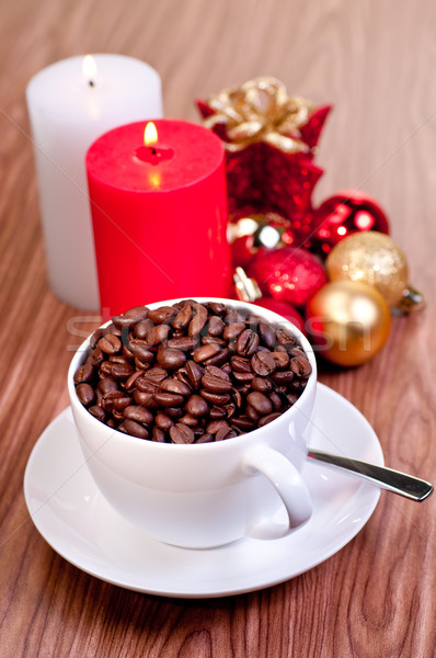 Navidad taza granos de café velas adornos madera Foto stock © calvste