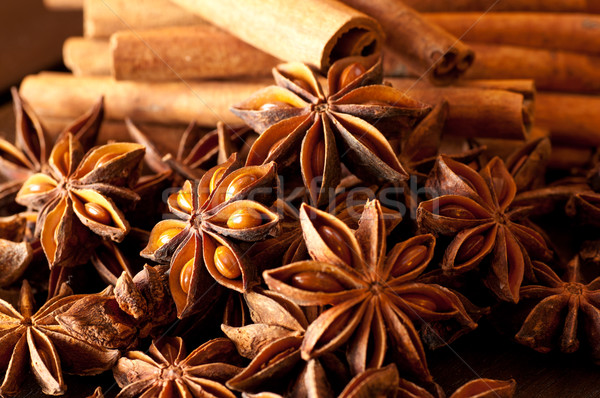 Extreme close up of star anise and cinnamon sticks Stock photo © calvste