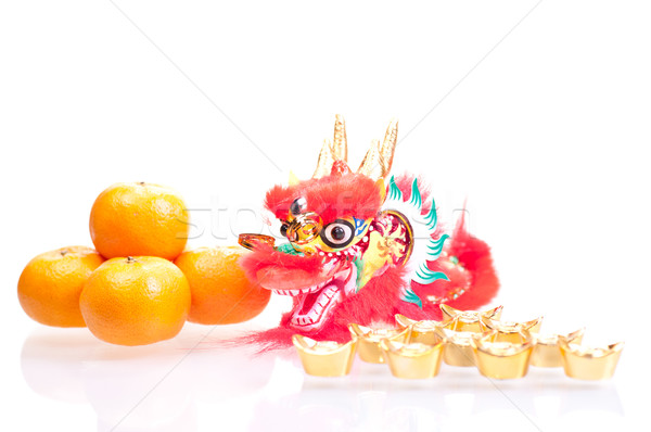 Foto stock: Ano · novo · chinês · dragão · decoração · ouro · mandarim · laranjas