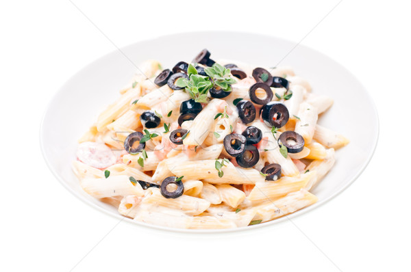 Pasta plantaardige room saus plaat zwarte olijven Stockfoto © calvste