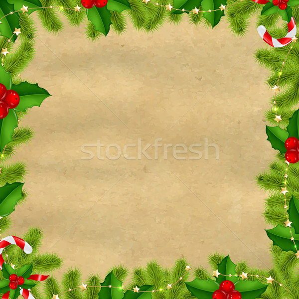 Stock photo: Border Fir-tree Branches With Gold Stars And Old Papper