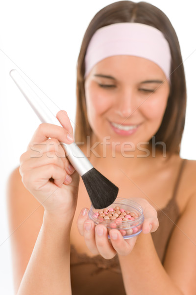 Stock photo: Make-up skin care - woman apply pearl powder