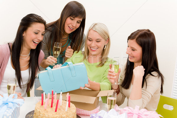 Doğum günü partisi kadın sunmak şampanya kek Stok fotoğraf © CandyboxPhoto