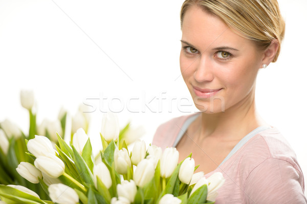 Foto stock: Romántica · mujer · blanco · tulipán · ramo · flores