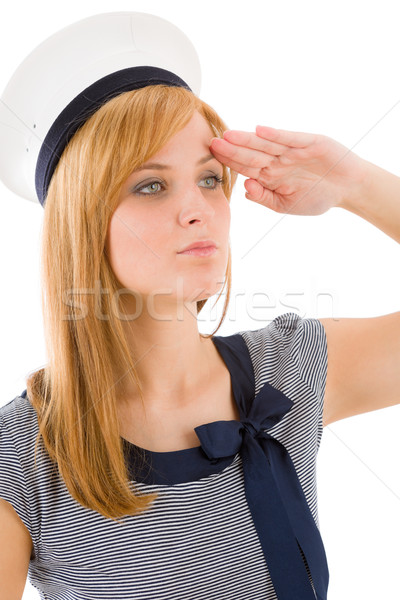 Stock photo: Young marine woman saluting navy outfit