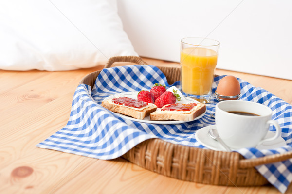 Homemade breakfast on wicker tray with checked teacloth Stock photo © CandyboxPhoto