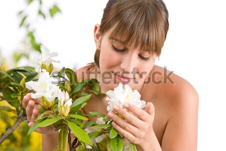 Foto stock: Retrato · mujer · flor · flor · blanco · primavera