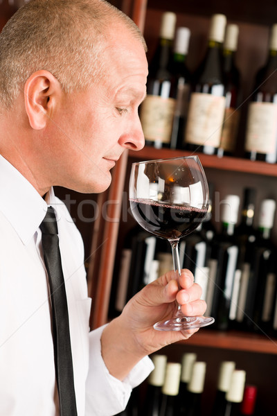 Stock photo: Bar waiter smell glass red wine restaurant