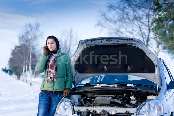 [[stock_photo]]: Hiver · voiture · femme · appel · aider · route