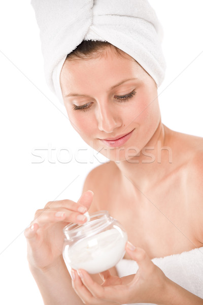 Körper Pflege schöne Frau Feuchtigkeitscreme Handtuch weiß Stock foto © CandyboxPhoto