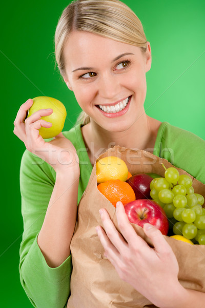 Stock fotó: Egészséges · életmód · nő · gyümölcs · vásárlás · papírzacskó · zöld