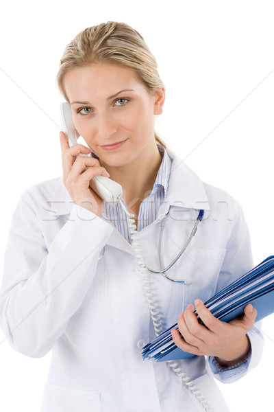 Imagine de stoc: Tineri · femeie · medic · telefon · alb · femeie