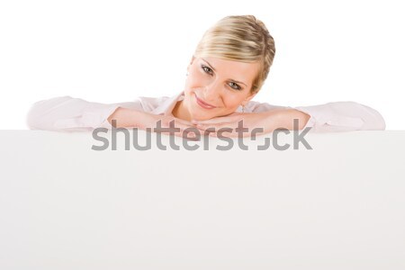 Foto stock: Mujer · de · negocios · vacío · banner · feliz · publicidad