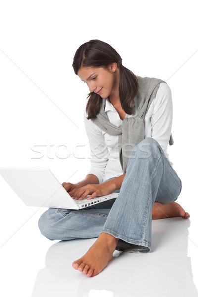 Cabelo castanho adolescente laptop branco computador feliz Foto stock © CandyboxPhoto