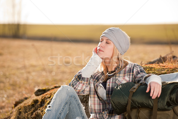 Camping young woman in countryside backpack relax Stock photo © CandyboxPhoto