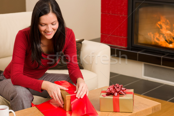 Stock fotó: Karácsony · csomagolás · ajándék · boldog · nő · otthon