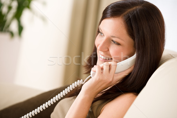 Telefon home Frau fordern Wohnzimmer Fenster Stock foto © CandyboxPhoto