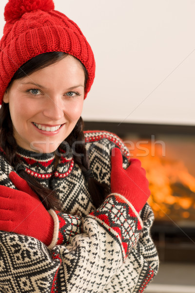 Fireplace winter Xmas young woman wear sweater Stock photo © CandyboxPhoto