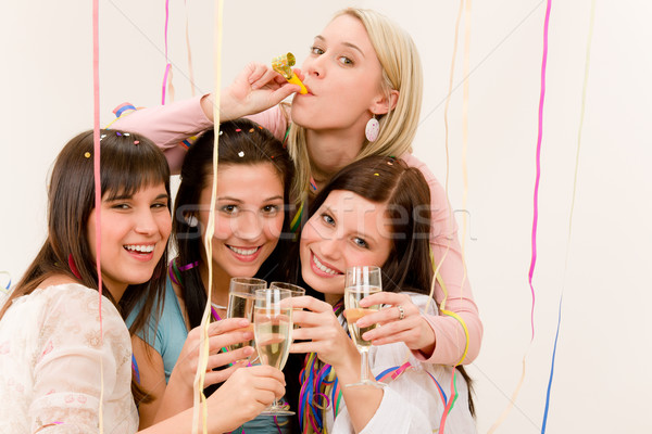 Születésnapi buli ünneplés négy nő konfetti jókedv Stock fotó © CandyboxPhoto