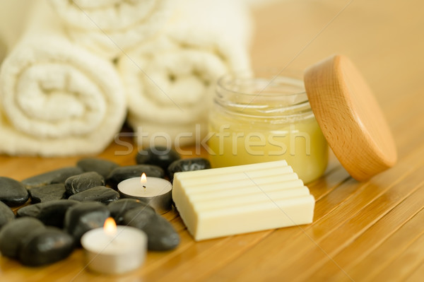 Fürdő test törődés termékek törölközők közelkép Stock fotó © CandyboxPhoto