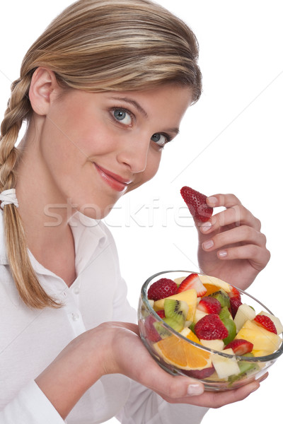 Egészséges életmód nő gyümölcssaláta fehér eper női Stock fotó © CandyboxPhoto