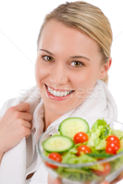 Foto stock: Sorrindo · vegetal · salada · branco · mulher