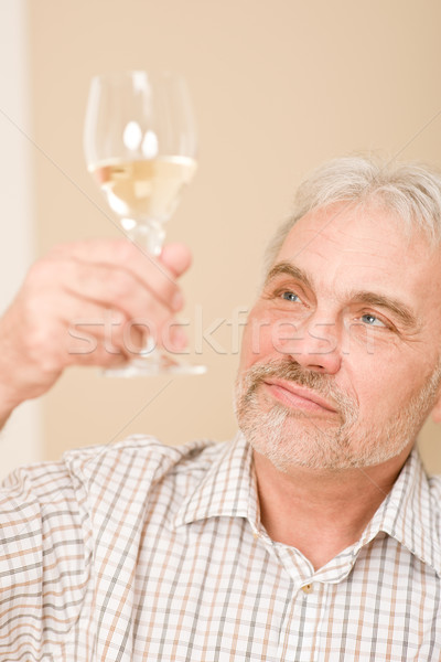 Idős érett férfi üveg fehérbor néz bor Stock fotó © CandyboxPhoto