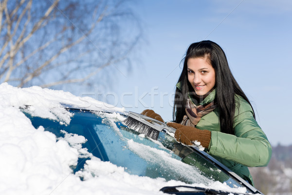 Kış araba kadın kar ön cam fırçalamak Stok fotoğraf © CandyboxPhoto
