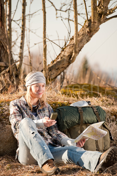 Camping young woman search navigation compass map Stock photo © CandyboxPhoto