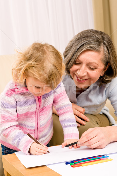 Stock foto: Großmutter · Enkelin · Zeichnung · home · kleines · Mädchen · zusammen