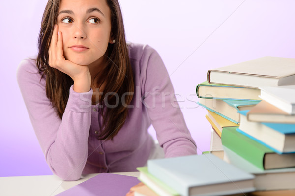 Stock fotó: Diák · lány · néz · boglya · könyvek · ül