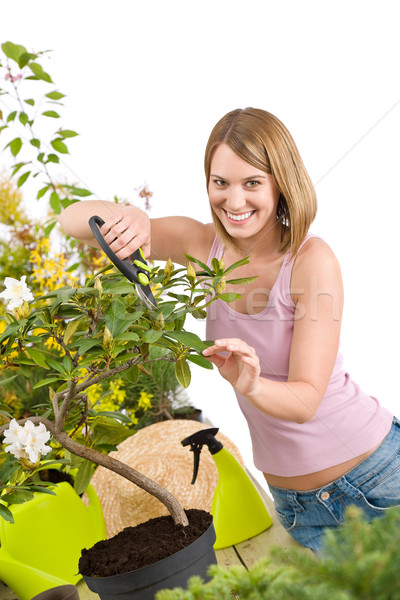 Gardening - Happy woman cutting Rhododendron flower Stock photo © CandyboxPhoto