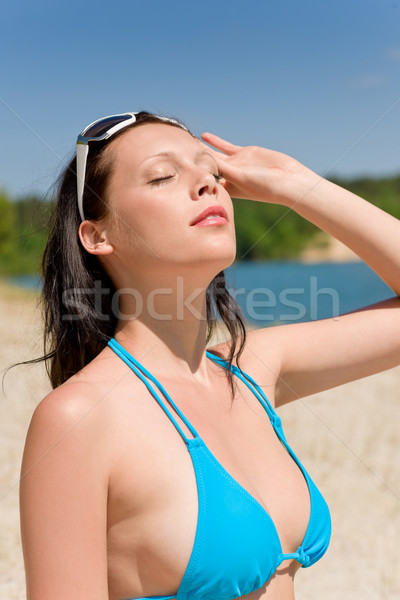 Summer beach woman in blue bikini bra Stock photo © CandyboxPhoto