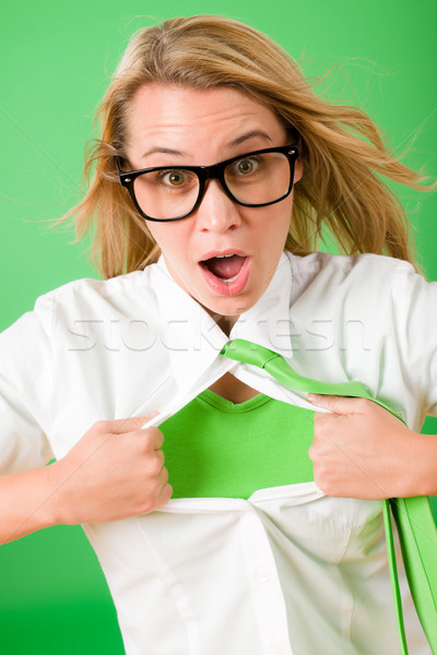 Zöld szuperhős üzletasszony őrült arc nő Stock fotó © CandyboxPhoto