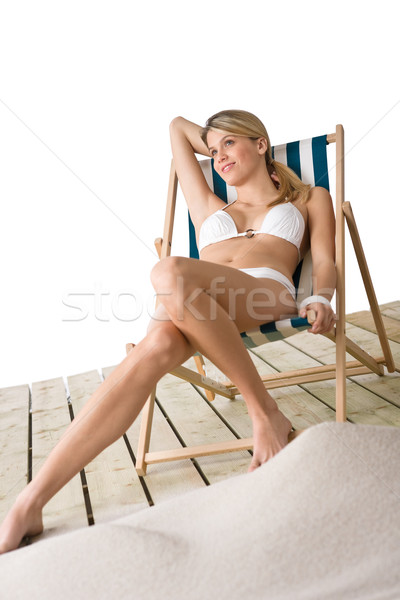Stok fotoğraf: Plaj · kadın · bikini · güverte · sandalye · güzel · bir · kadın