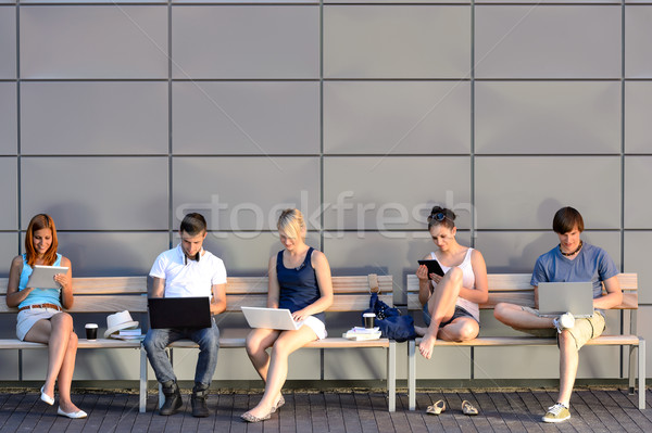 Diákok internet számítógép függőség ül pad Stock fotó © CandyboxPhoto