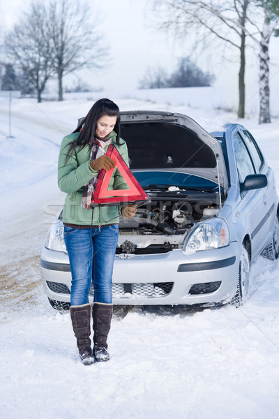 Winter car breakdown - woman warning triangle Stock photo © CandyboxPhoto