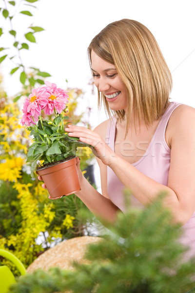 Stockfoto: Tuinieren · gelukkig · vrouw · bloempot