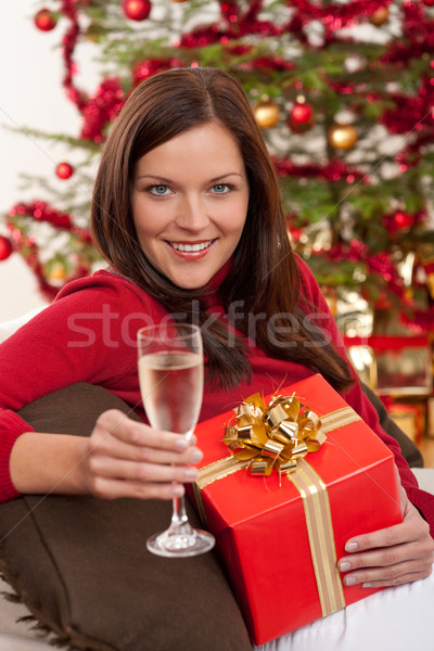 Smiling woman with Christmas present and glass of champagne Stock photo © CandyboxPhoto