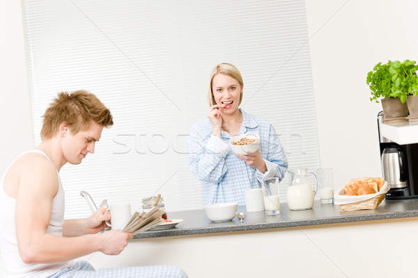 Stockfoto: Ontbijt · gelukkig · paar · eten · granen · drinken