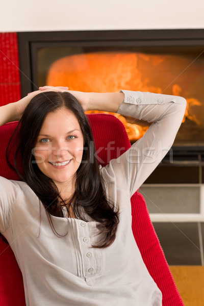 ストックフォト: 冬 · ホーム · 暖炉 · 女性 · リラックス · 赤