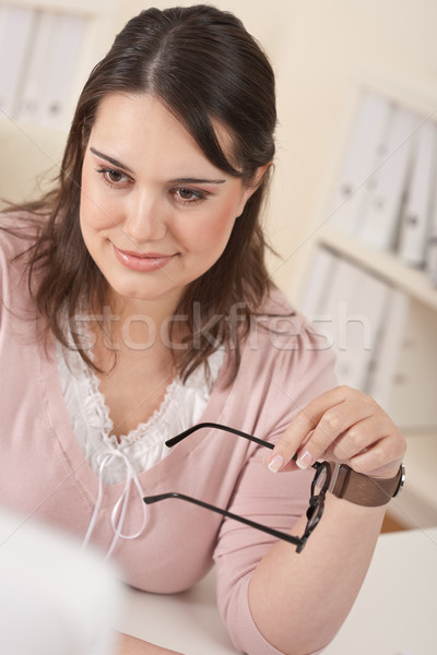 Stock foto: Glücklich · Geschäftsfrau · Sitzung · Computer · Frau
