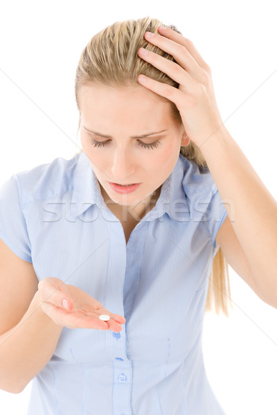 Mulher jovem dor de cabeça enxaqueca pílula branco Foto stock © CandyboxPhoto